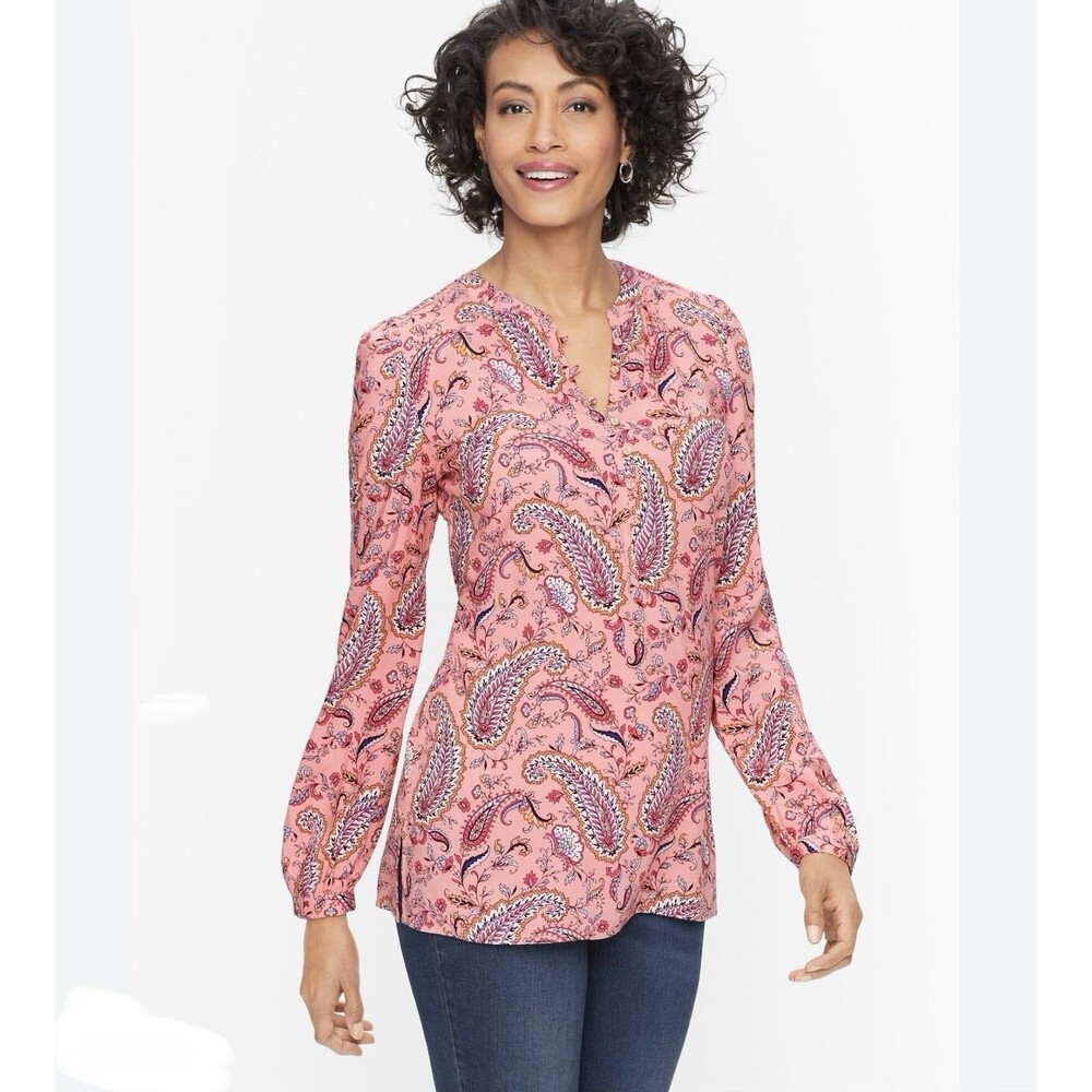 Talbots Band Collar Popover Dancing Paisley Rayon Blouse Pink Long Sleeve Size L